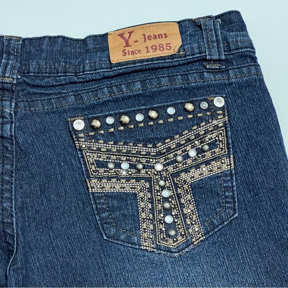 Y Jeans Skinny Jeans Dark Wash Rhinestone Embroidered Pockets FLAWED Size 9 - Picture 7 of 13